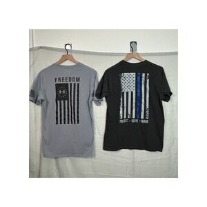 Under Armour Freedom Flag Tee + Thin Blue Line Graphic T-Shirt Bundle Men's M